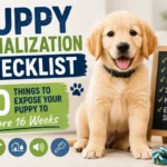 Golden retriever puppy experiencing socialization training with people, sounds, and outdoor environments before 16 weeks