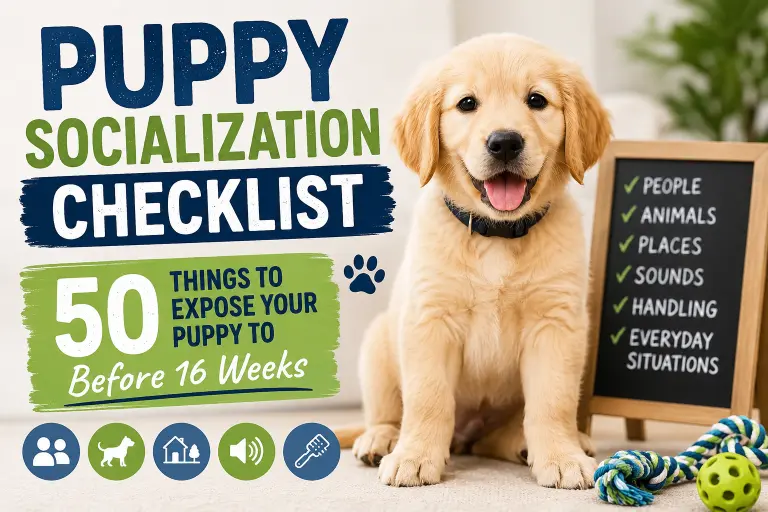 Golden retriever puppy experiencing socialization training with people, sounds, and outdoor environments before 16 weeks