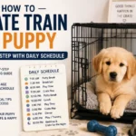 Puppy resting calmly in a crate during crate training with a daily schedule guide