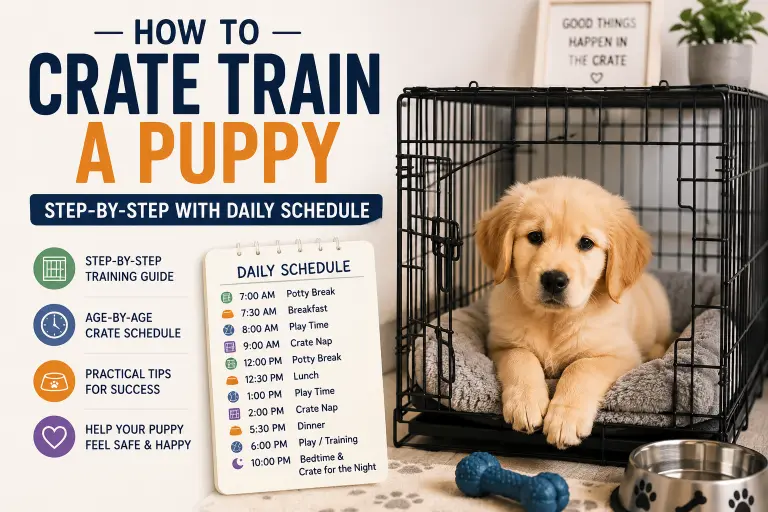 Puppy resting calmly in a crate during crate training with a daily schedule guide