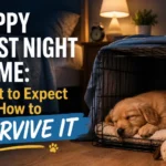 New puppy sleeping in a crate on the first night home