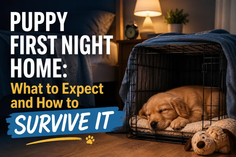 New puppy sleeping in a crate on the first night home