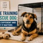 Rescue dog calmly resting near an open crate during crate training