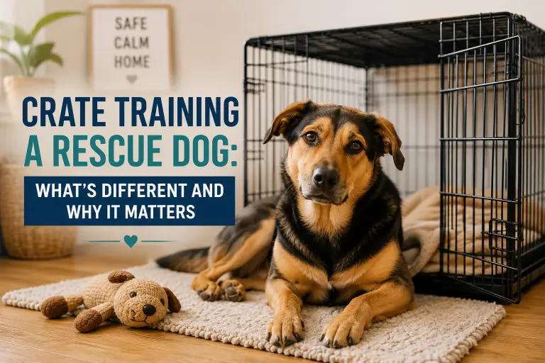 Rescue dog calmly resting near an open crate during crate training