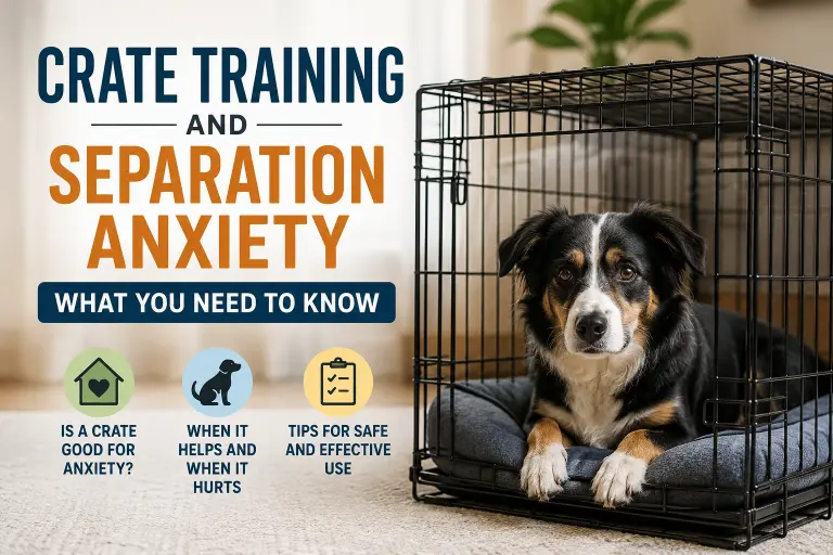 Dog comfortably relaxing in a crate used as a safe space for anxiety management