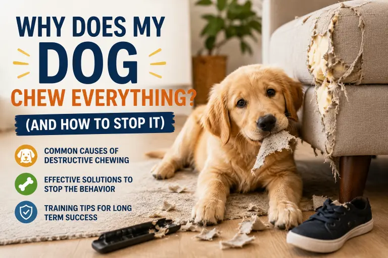 Dog chewing furniture in a living room while owner redirects it with a chew toy